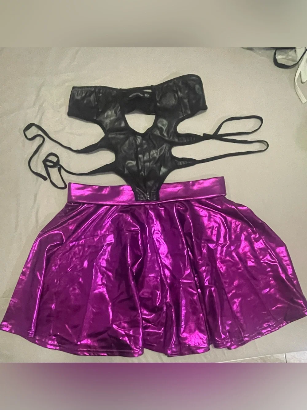 PrettyLittleThing Black Cutout Bandeau Top & Metallic Magenta Skater Skirt Set